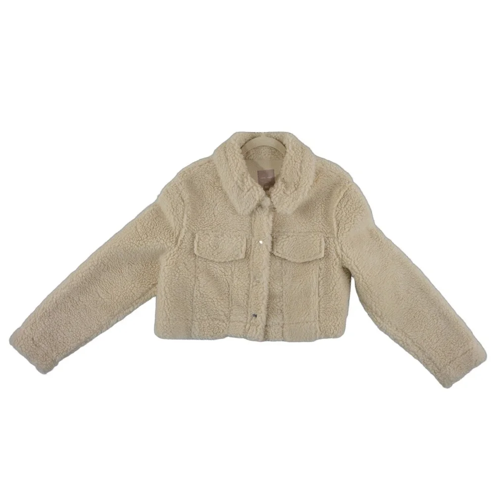 Love Tree Sherpa Trucker Jacket Women's Size Large Cream Cropped Faux Fur